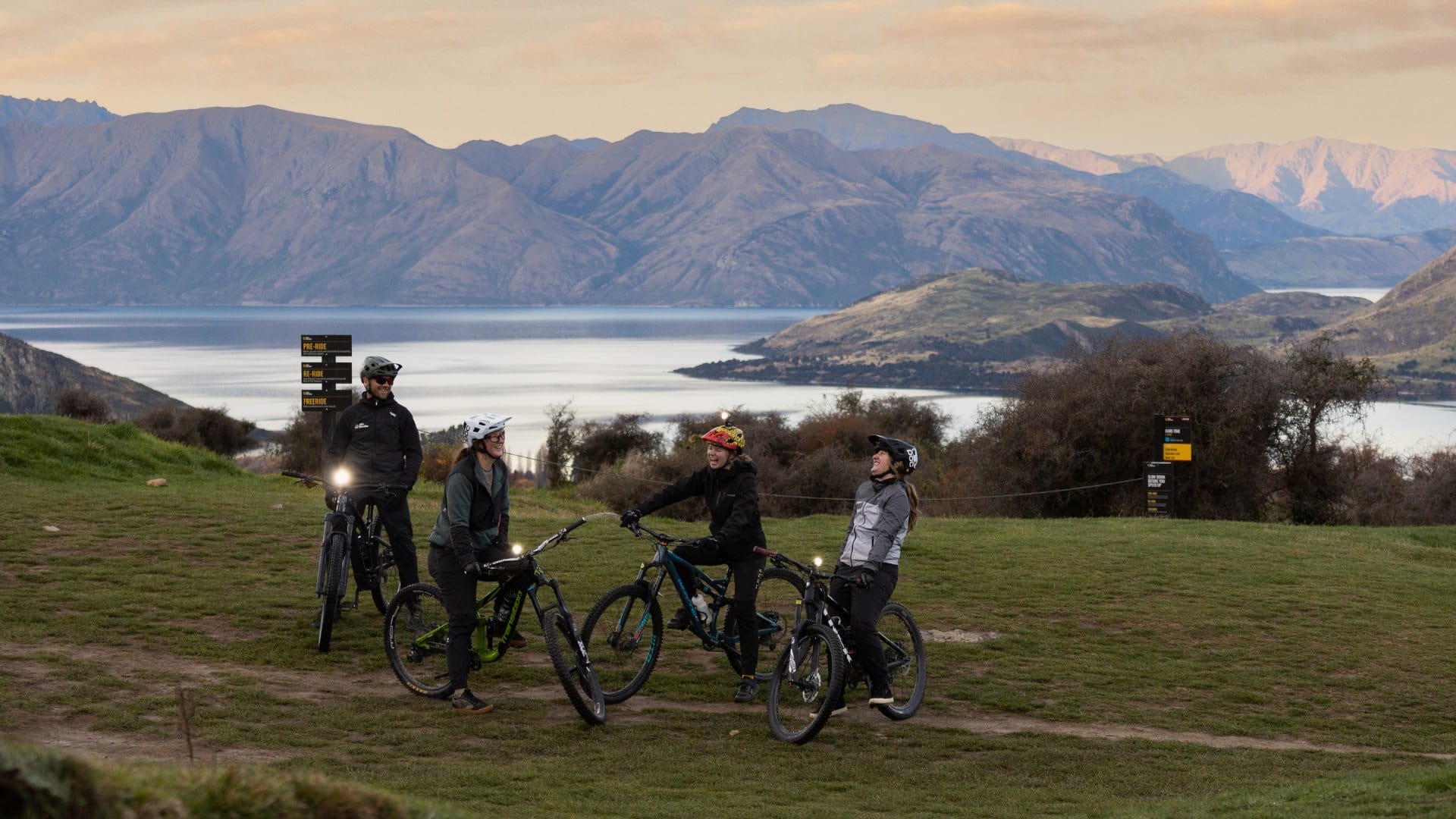 4 mountain bikers riding with jerseys at Bike Glendhu, Wanaka NZ